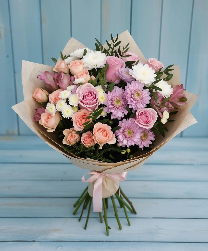 Букет цветов из: Хризантемы, Розы и Альстромерии в Комсомольском Республики Калмыкия