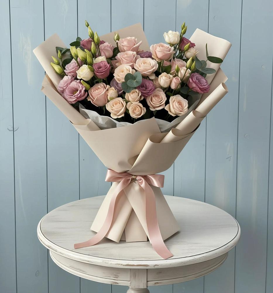 Букет цветов из: Розы и Лизиантусы в Комсомольском Республики Калмыкия