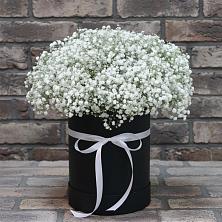 Цветочная композиция из Гипсофила в шляпной коробке в Комсомольском Республики Калмыкия