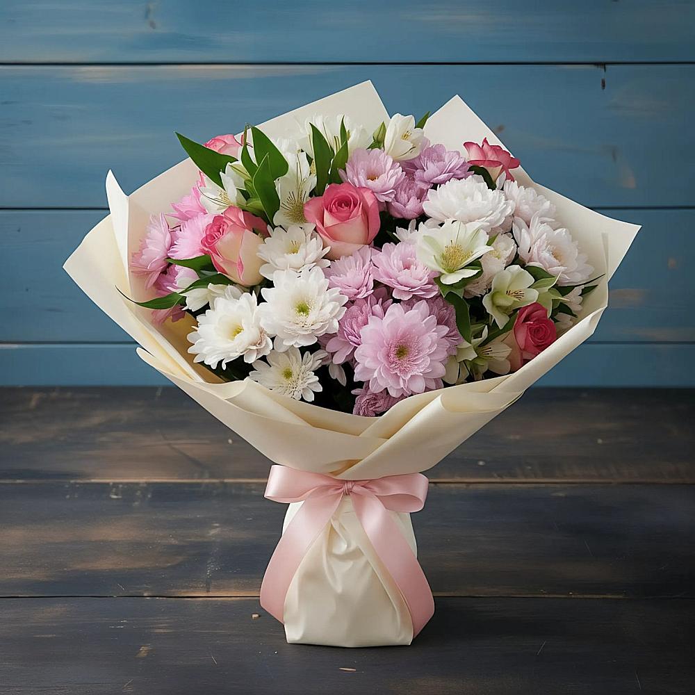 Букет цветов из: Хризантемы, Альстромерии и Розы в Комсомольском Республики Калмыкия